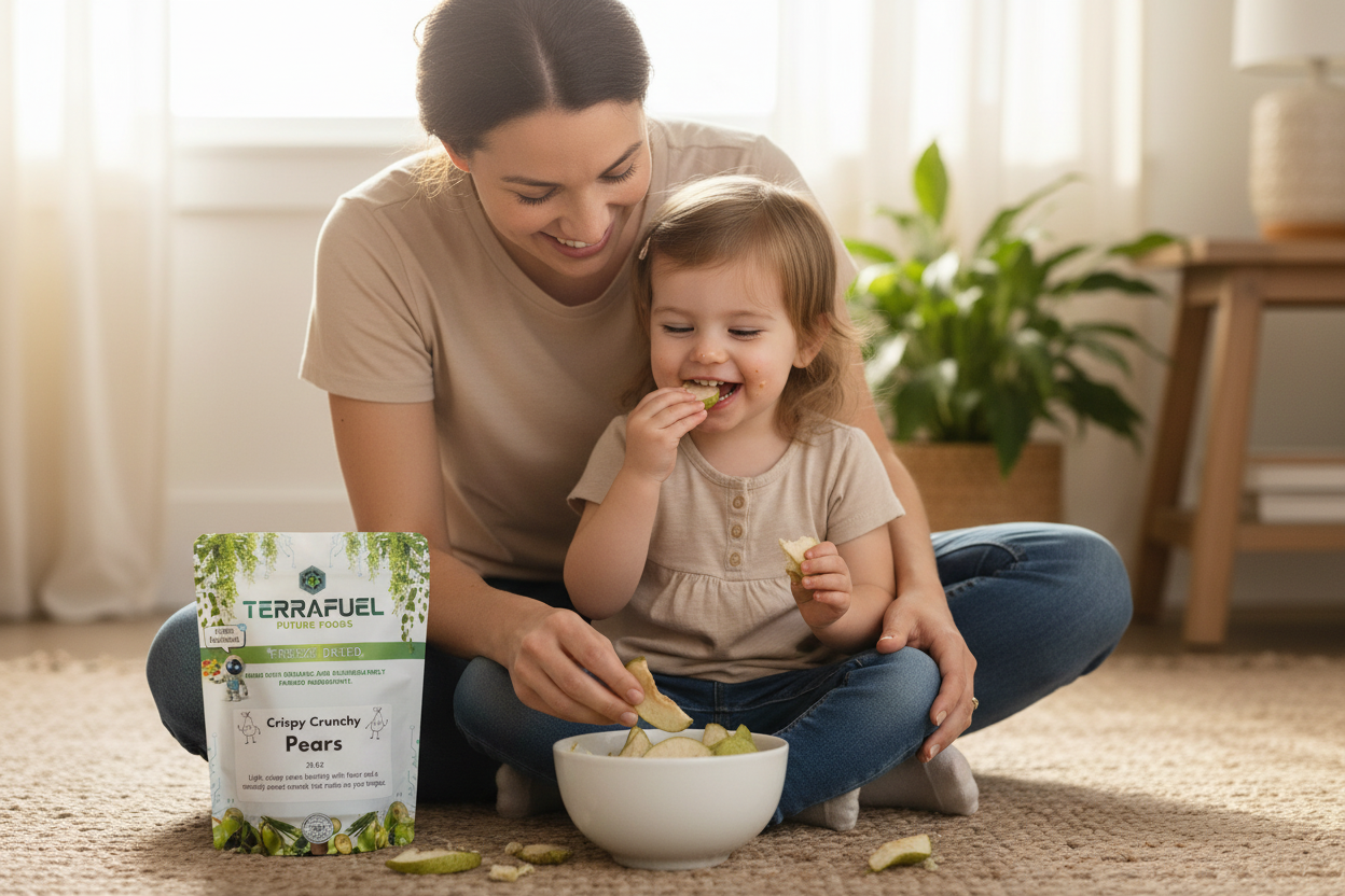 Mom and daughter enjoying Terrafuel freeze-dried pears